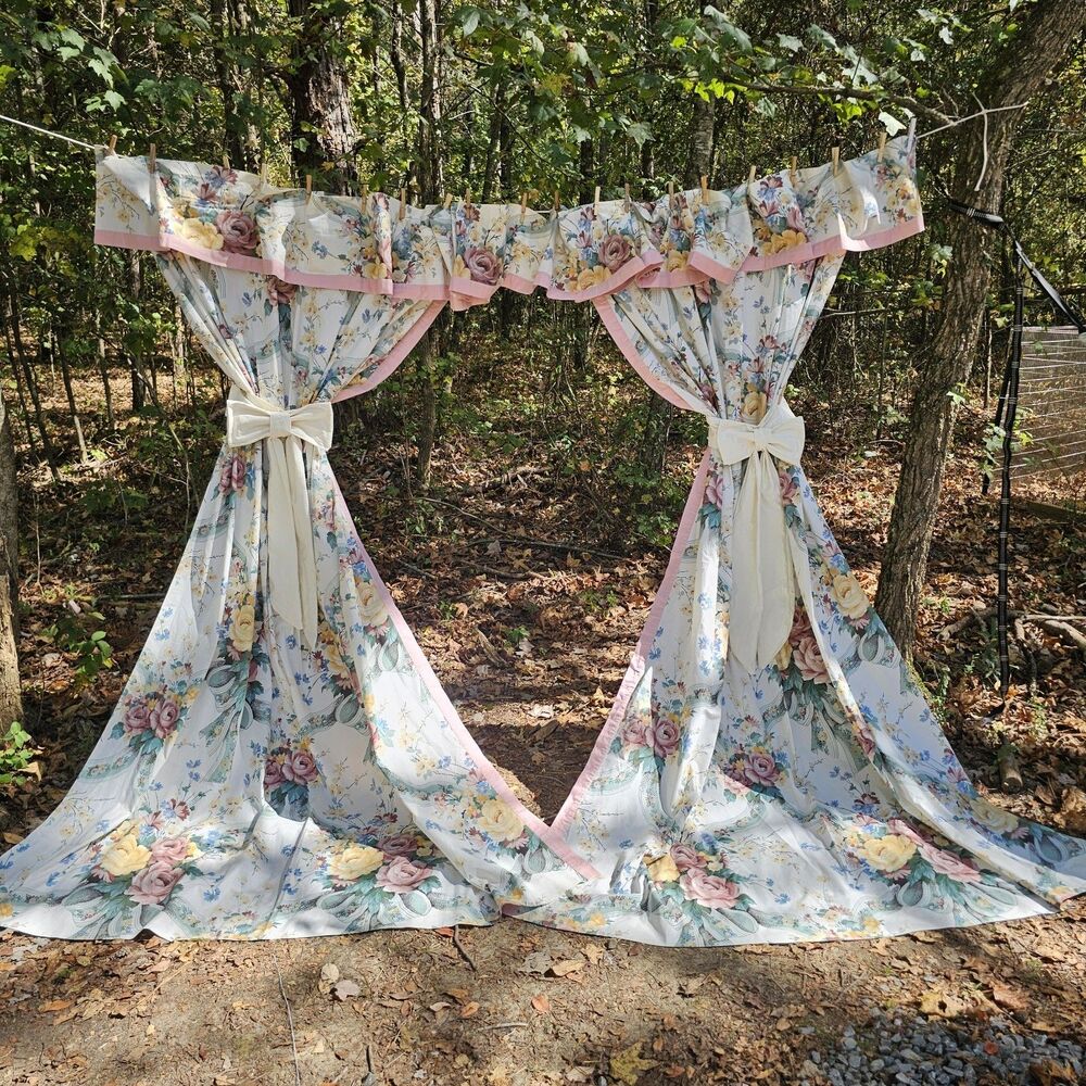 Vintage Cottagecore Floral Curtain Set Huge Ruffled Valance Pink Blue Cream 90"